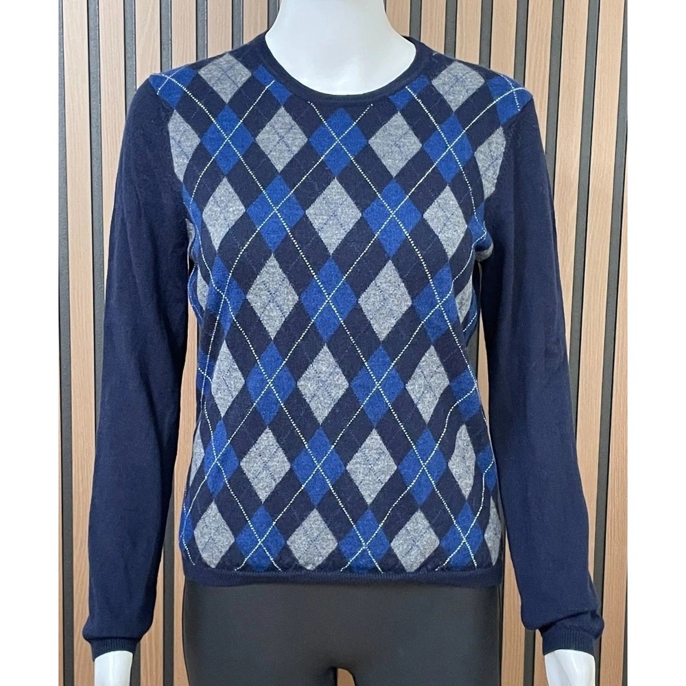 Brooks Brothers‎ Women's L Blue Sweater Merino Wool Argyle Knit Classic Preppy